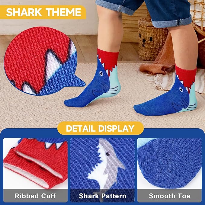 Queenshin Boys Novelty Socks Crew 1-8 Years Old Shark Print Patterns Funny Girl Cartoon 6 Pairs Kids Birthday Christmas Gift
