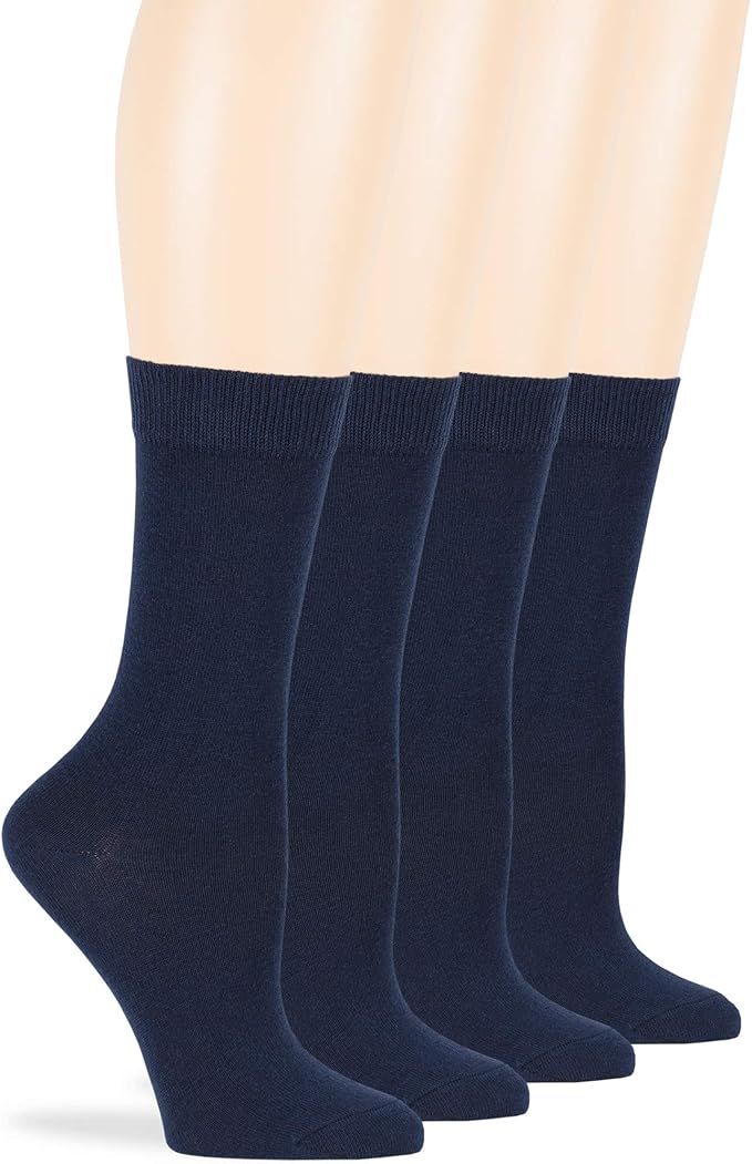 7BigStars Women's Cotton Dress Socks - 4 Pack L/M - Solid Assorted Crew Calf Black Brown Blue Grey Beige Khaki Olive Green