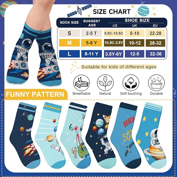 Queenshin Space Boys Socks 2-11 Years Old Crew 6 Pairs Sock for Kids Cartoon Fun Cute Novelty Birthday Christmas Gift
