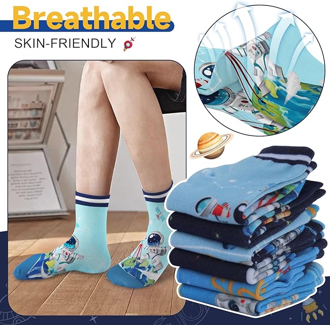 Queenshin Space Boys Socks 2-11 Years Old Crew 6 Pairs Sock for Kids Cartoon Fun Cute Novelty Birthday Christmas Gift