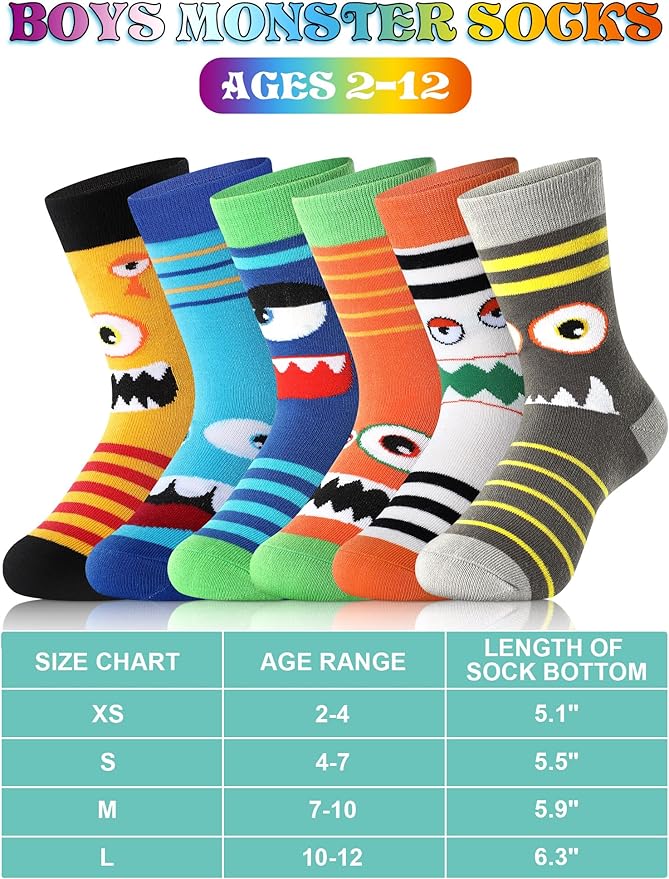Jinei 6 Pairs Boys Monster Pattern Socks Kids Toddler Funny Crazy Cotton Crew Socks Novelty Christmas Gift Party Favors