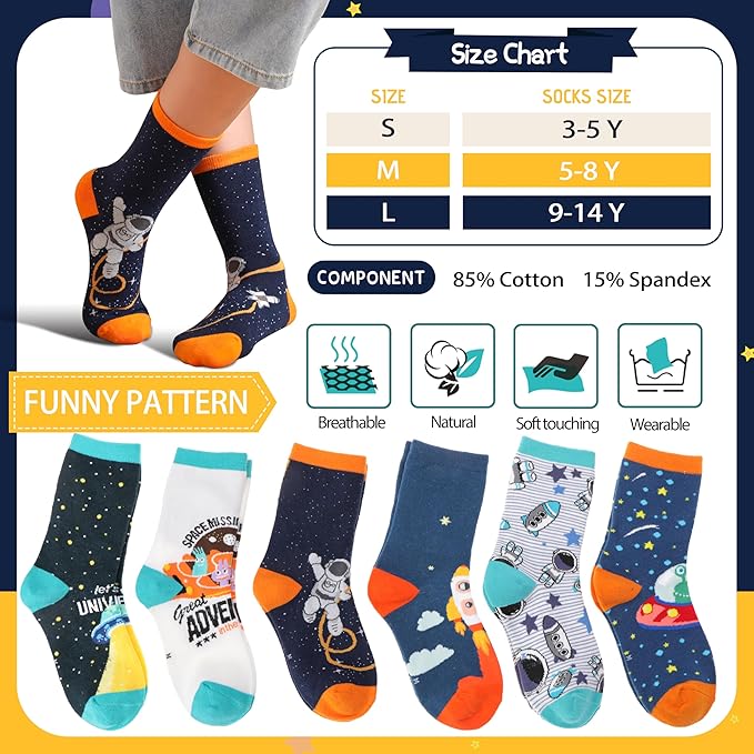 Anlisim 6 Pairs Boys Kids Socks Fun Crazy Funny Novelty Cartoon Space Rocket Dinosaur Crew Cotton Socks