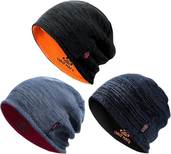3 Pack Reversible Winter Fleece Lined Beanie Hats for Men Women Warm Windproof Cotton Stretchy Knitted Skull Caps