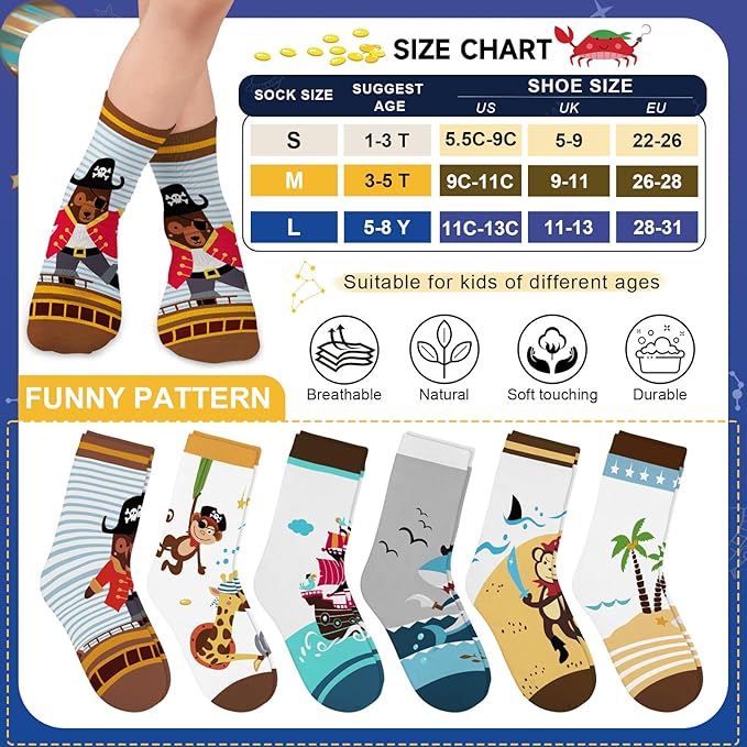 Queenshin Pirate little Boys Crew Socks 2-11 Years Old 6 Pairs Crazy Novelty Cartoon Socks Birthday Christmas Gift