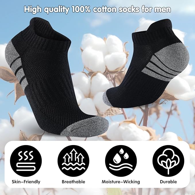 7 Pairs Mens 100% Cotton Cushioned Ankle Socks, Athletic Performance Running Moisture Wicking Breathable Low Cut Socks