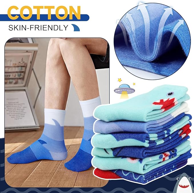 Queenshin Boys Novelty Socks Crew 1-8 Years Old Shark Print Patterns Funny Girl Cartoon 6 Pairs Kids Birthday Christmas Gift