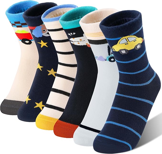 Kids Boys Fun Cotton Crew Socks Funny Crazy Cartoon Novelty Space Trucks Star Dress Socks 6 Pairs