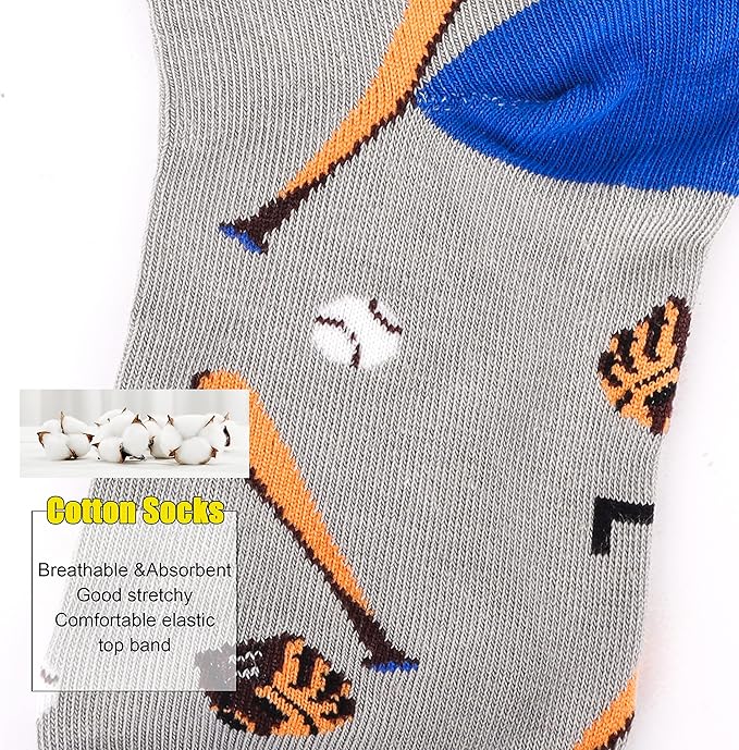 Belloxis Funny Athletic Socks 5 Pcs, Multi-Sport Design (Basketball, Baseball, Soccer, Hockey), Crew Socks for Boys Girl