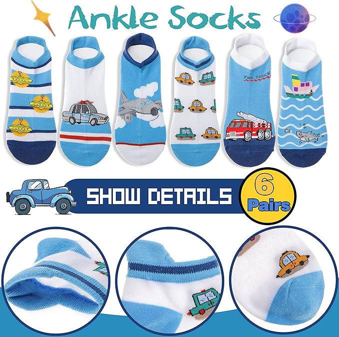 Kids Boys Ankle Socks No Show Low Cut Funny Cute Cartoon Novelty Cotton Socks 6 Pairs