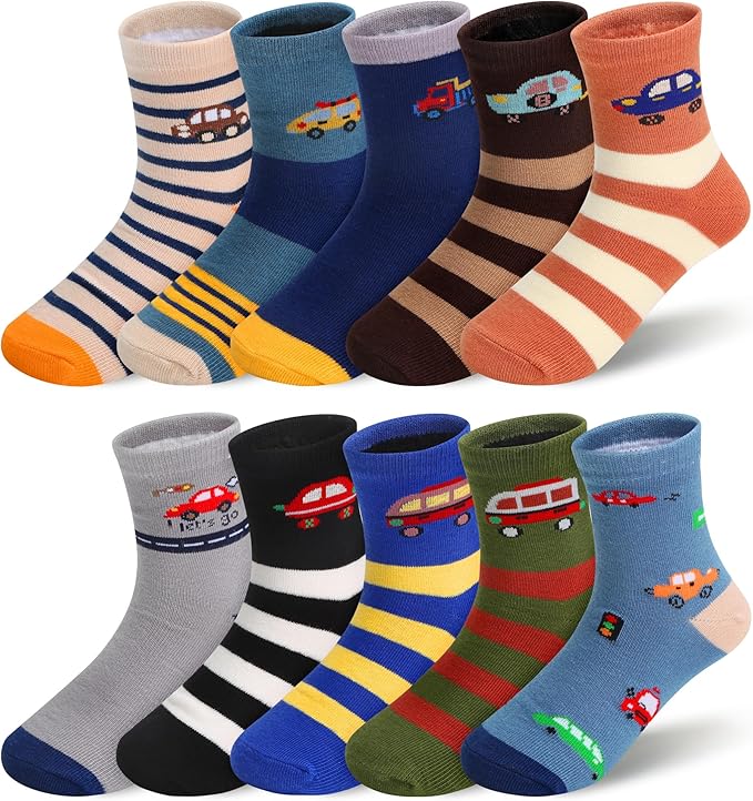 Padgene 10 Pairs Kids Boys Fun Novelty Socks Toddler None Slip Cotton Crew Dress Socks Cartoon Dinosaur Car Shark Stripes