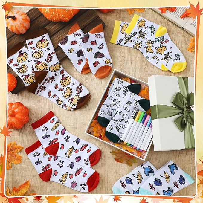 ShinyMarch 12 Pairs Kids Doodle Socks Color Your Own Socks DIY Kid Drawing Craft Arts with 48 Pcs Markers