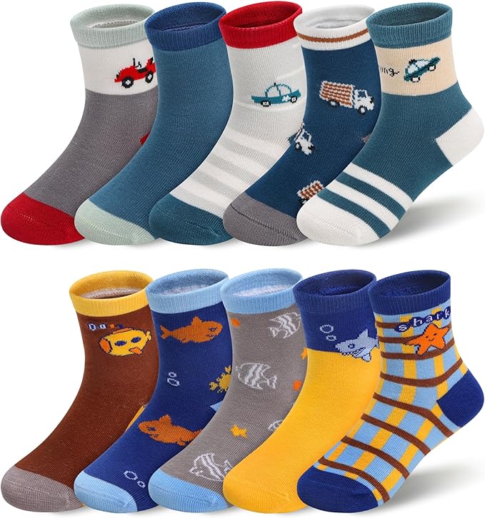 Padgene 10 Pairs Kids Boys Fun Novelty Socks Toddler None Slip Cotton Crew Dress Socks Cartoon Dinosaur Car Shark Stripes