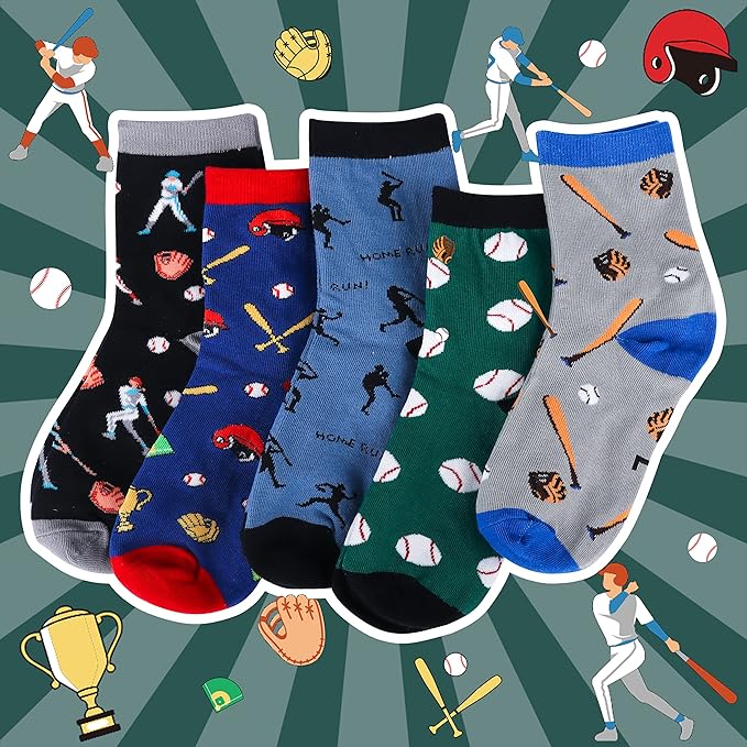 Belloxis Funny Athletic Socks 5 Pcs, Multi-Sport Design (Basketball, Baseball, Soccer, Hockey), Crew Socks for Boys Girl