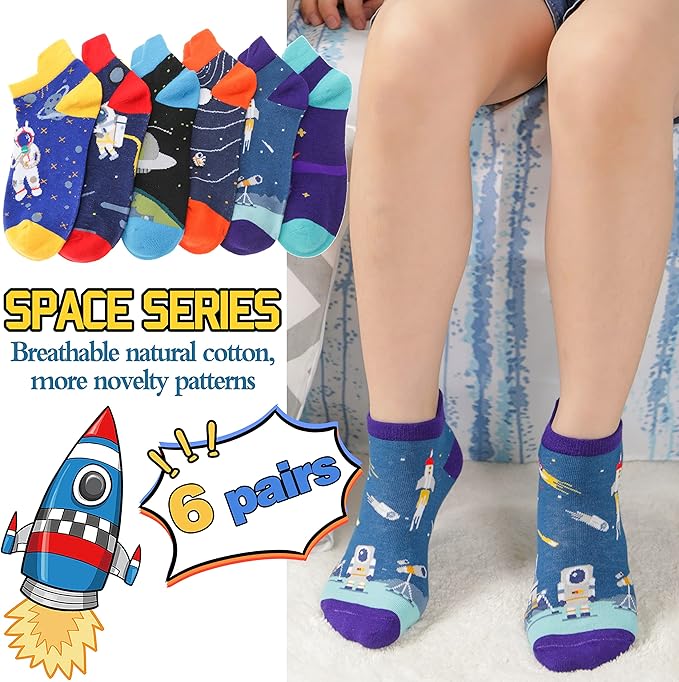 Kids Boys Ankle Socks No Show Low Cut Funny Cute Cartoon Novelty Cotton Socks 6 Pairs