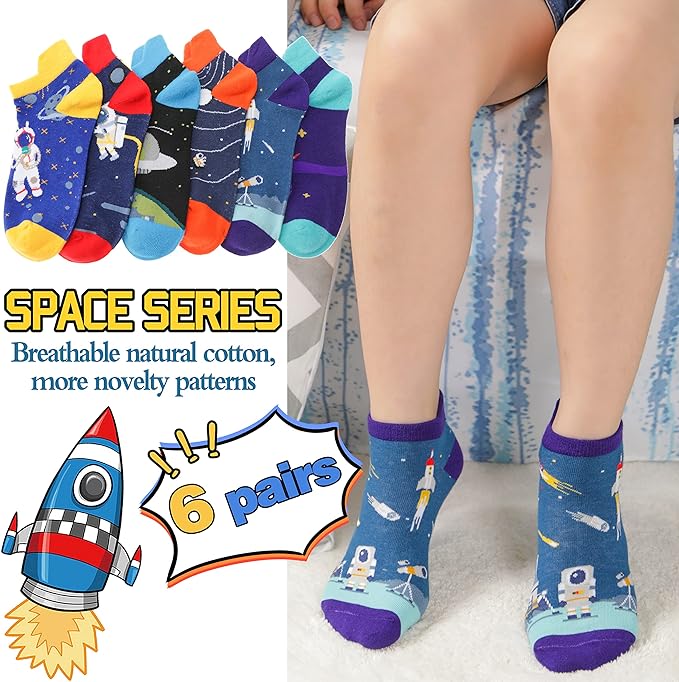 Kids Boys Ankle Socks No Show Low Cut Funny Cute Cartoon Novelty Cotton Socks 6 Pairs