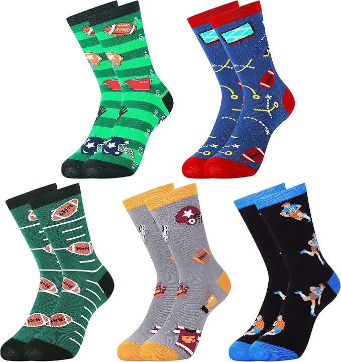 Belloxis Funny Athletic Socks 5 Pcs, Multi-Sport Design (Basketball, Baseball, Soccer, Hockey), Crew Socks for Boys Girl
