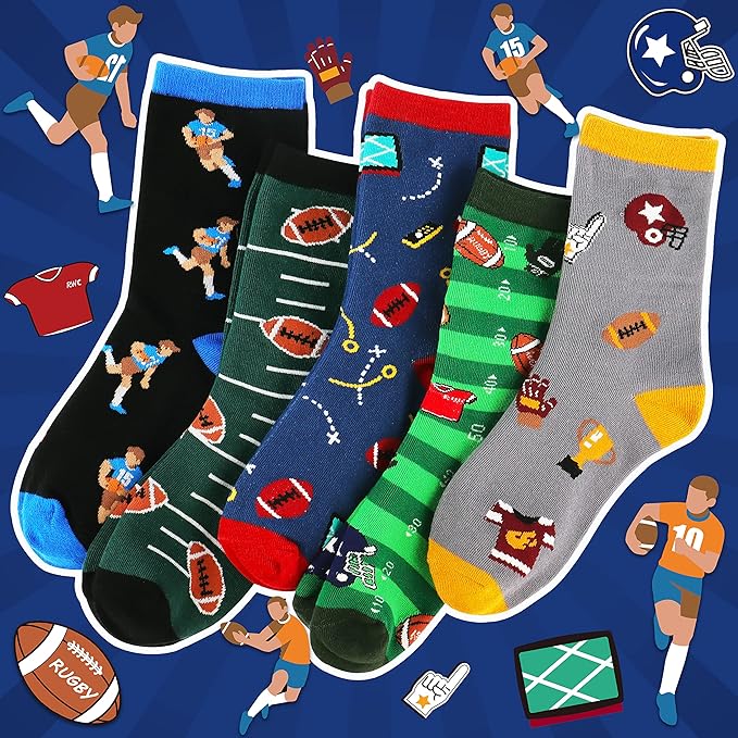 Belloxis Funny Athletic Socks 5 Pcs, Multi-Sport Design (Basketball, Baseball, Soccer, Hockey), Crew Socks for Boys Girl