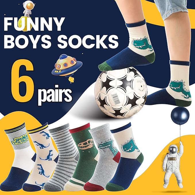 Anlisim 6 Pairs Boys Kids Socks Fun Crazy Funny Novelty Cartoon Space Rocket Dinosaur Crew Cotton Socks