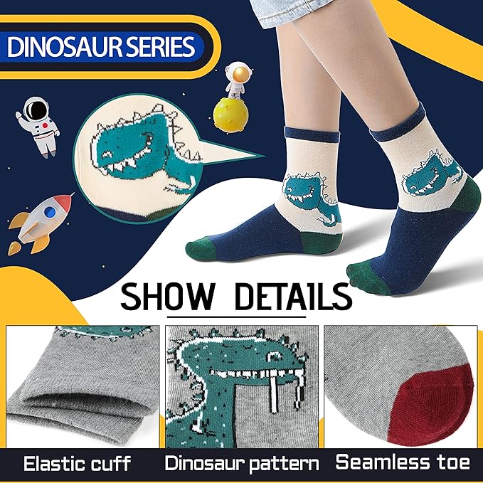 Anlisim 6 Pairs Boys Kids Socks Fun Crazy Funny Novelty Cartoon Space Rocket Dinosaur Crew Cotton Socks