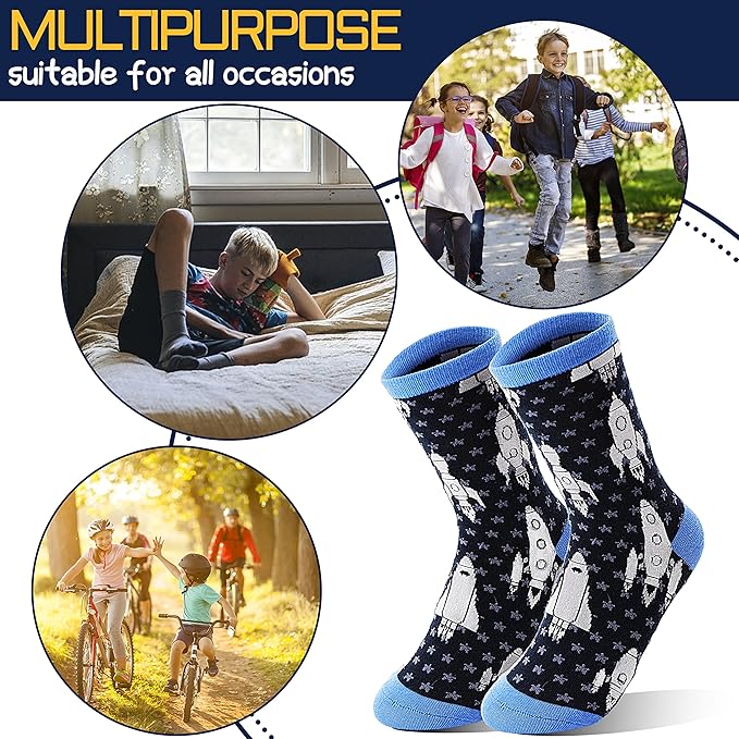 Anlisim 6 Pairs Boys Kids Socks Fun Crazy Funny Novelty Cartoon Space Rocket Dinosaur Crew Cotton Socks