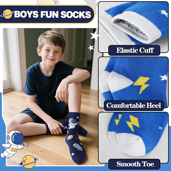 Kids Boys Fun Cotton Crew Socks Funny Crazy Cartoon Novelty Space Trucks Star Dress Socks 6 Pairs