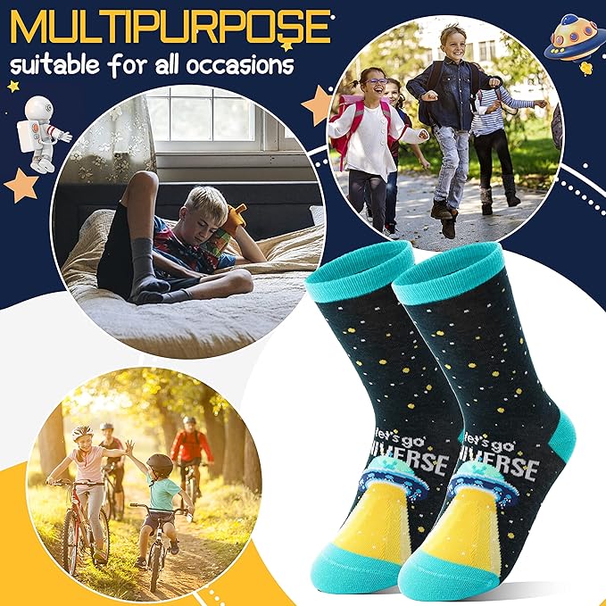 Anlisim 6 Pairs Boys Kids Socks Fun Crazy Funny Novelty Cartoon Space Rocket Dinosaur Crew Cotton Socks
