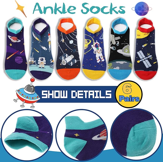 Kids Boys Ankle Socks No Show Low Cut Funny Cute Cartoon Novelty Cotton Socks 6 Pairs