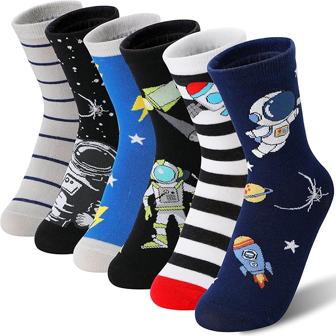 Kids Boys Fun Cotton Crew Socks Funny Crazy Cartoon Novelty Space Trucks Star Dress Socks 6 Pairs