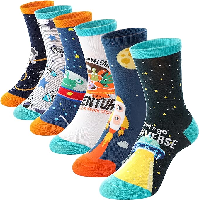 Anlisim 6 Pairs Boys Kids Socks Fun Crazy Funny Novelty Cartoon Space Rocket Dinosaur Crew Cotton Socks