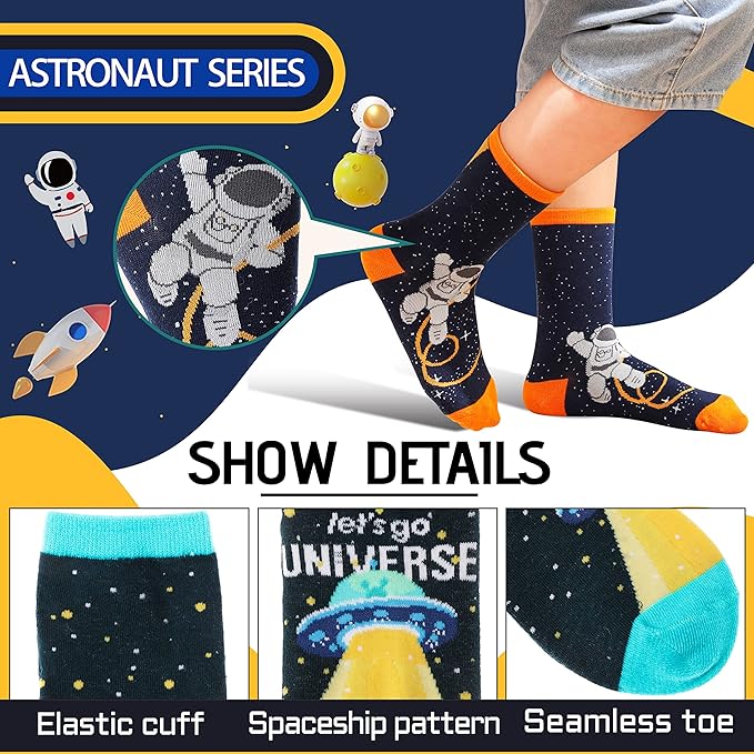 Anlisim 6 Pairs Boys Kids Socks Fun Crazy Funny Novelty Cartoon Space Rocket Dinosaur Crew Cotton Socks