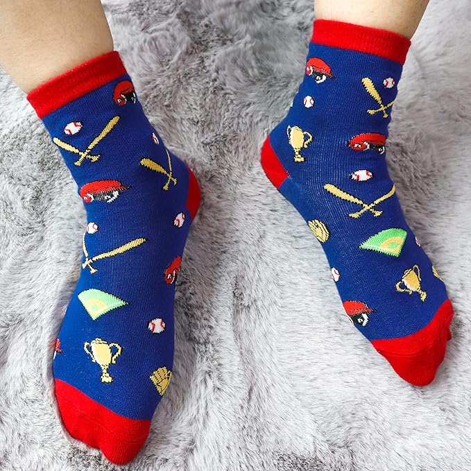 Belloxis Funny Athletic Socks 5 Pcs, Multi-Sport Design (Basketball, Baseball, Soccer, Hockey), Crew Socks for Boys Girl