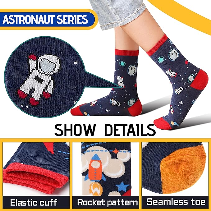 Anlisim 6 Pairs Boys Kids Socks Fun Crazy Funny Novelty Cartoon Space Rocket Dinosaur Crew Cotton Socks