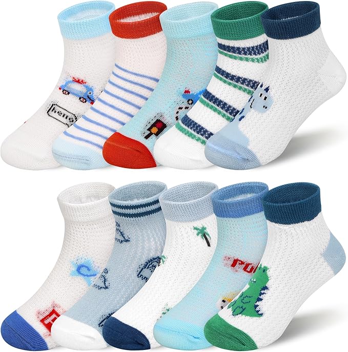 Padgene 10 Pairs Kids Boys Fun Novelty Socks Toddler None Slip Cotton Crew Dress Socks Cartoon Dinosaur Car Shark Stripes