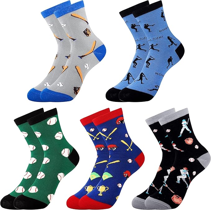 Belloxis Funny Athletic Socks 5 Pcs, Multi-Sport Design (Basketball, Baseball, Soccer, Hockey), Crew Socks for Boys Girl