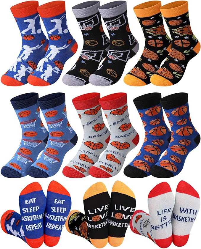 Haysandy 6 Pairs Novelty Sports Socks for Boys Kids Athletic Crew Sock for 8-12 Kids Gift