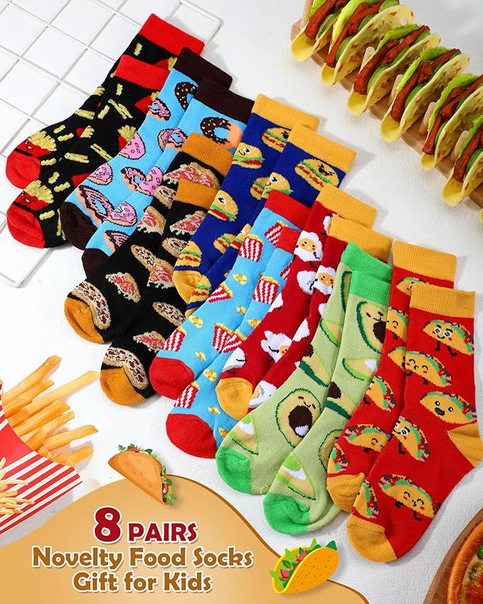 Leumoi 8 Pack Novelty Food Socks for Kids Boys Funny Silly Socks 4-7 Years Wacky Gift Snack Food Theme for Girls Kids Boys Birthday