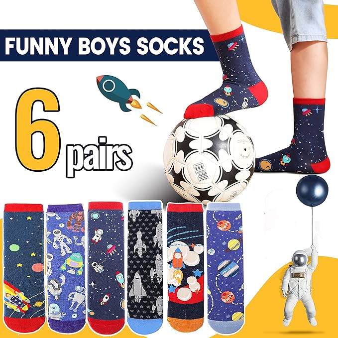 Anlisim 6 Pairs Boys Kids Socks Fun Crazy Funny Novelty Cartoon Space Rocket Dinosaur Crew Cotton Socks