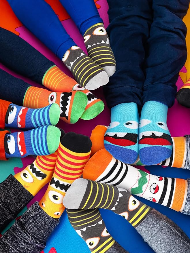 Jinei 6 Pairs Boys Monster Pattern Socks Kids Toddler Funny Crazy Cotton Crew Socks Novelty Christmas Gift Party Favors