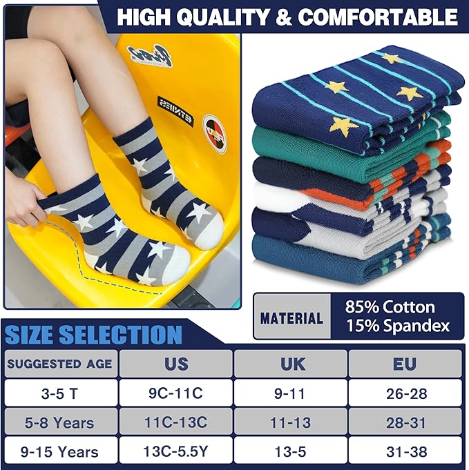 Kids Boys Fun Cotton Crew Socks Funny Crazy Cartoon Novelty Space Trucks Star Dress Socks 6 Pairs