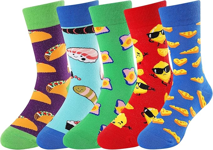 BONANGEL Boys Socks 5-8 Years Old, Fun Novelty Animal Food Space Crazy Funny Cute Kids Socks 8-10 10-12 Years 5 Pairs