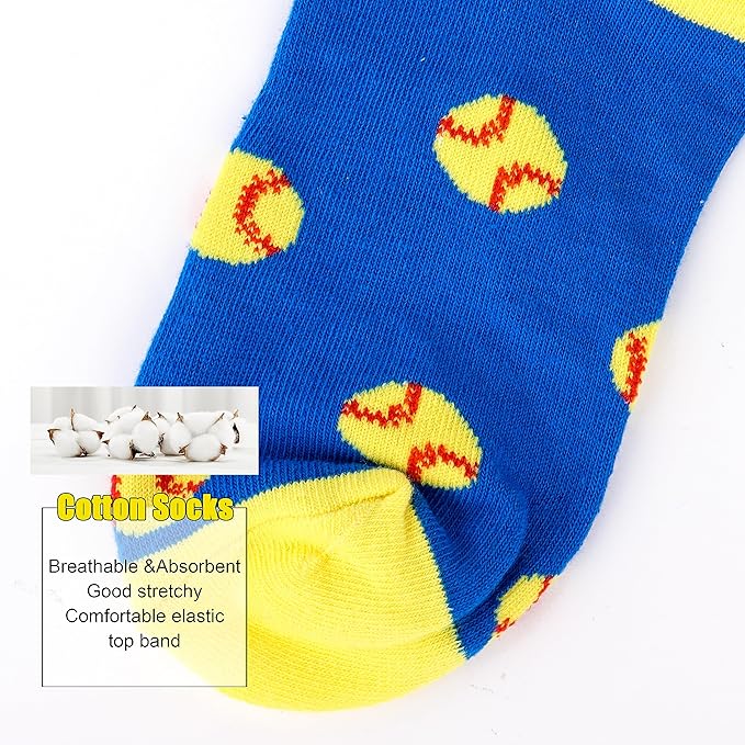 Belloxis Funny Athletic Socks 5 Pcs, Multi-Sport Design (Basketball, Baseball, Soccer, Hockey), Crew Socks for Boys Girl