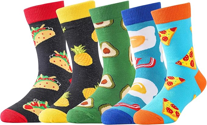 BONANGEL Boys Socks 5-8 Years Old, Fun Novelty Animal Food Space Crazy Funny Cute Kids Socks 8-10 10-12 Years 5 Pairs