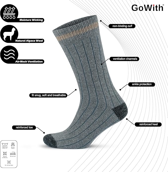 GoWith Alpaca Wool Socks for Men & Women, Alpaca-Merino Blend Warm Cozy Crew Socks, Thermal Regular-Fit Boot Socks