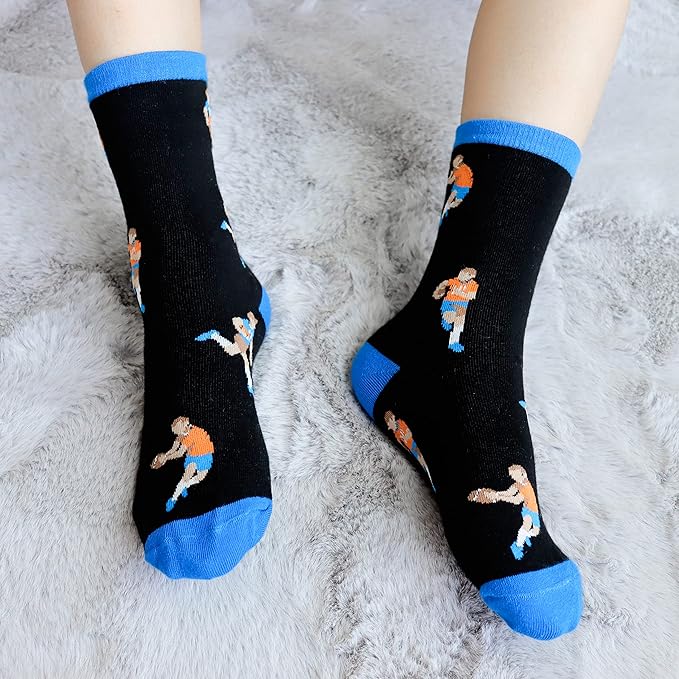 Belloxis Funny Athletic Socks 5 Pcs, Multi-Sport Design (Basketball, Baseball, Soccer, Hockey), Crew Socks for Boys Girl