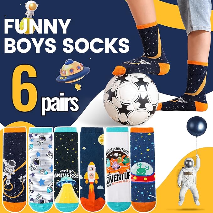 Anlisim 6 Pairs Boys Kids Socks Fun Crazy Funny Novelty Cartoon Space Rocket Dinosaur Crew Cotton Socks