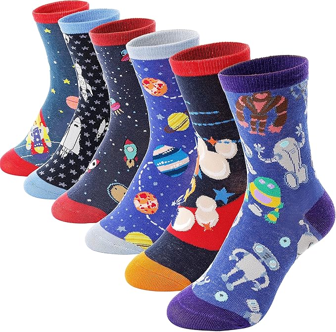 Anlisim 6 Pairs Boys Kids Socks Fun Crazy Funny Novelty Cartoon Space Rocket Dinosaur Crew Cotton Socks