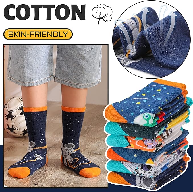 Anlisim 6 Pairs Boys Kids Socks Fun Crazy Funny Novelty Cartoon Space Rocket Dinosaur Crew Cotton Socks