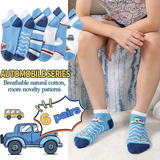 Kids Boys Ankle Socks No Show Low Cut Funny Cute Cartoon Novelty Cotton Socks 6 Pairs