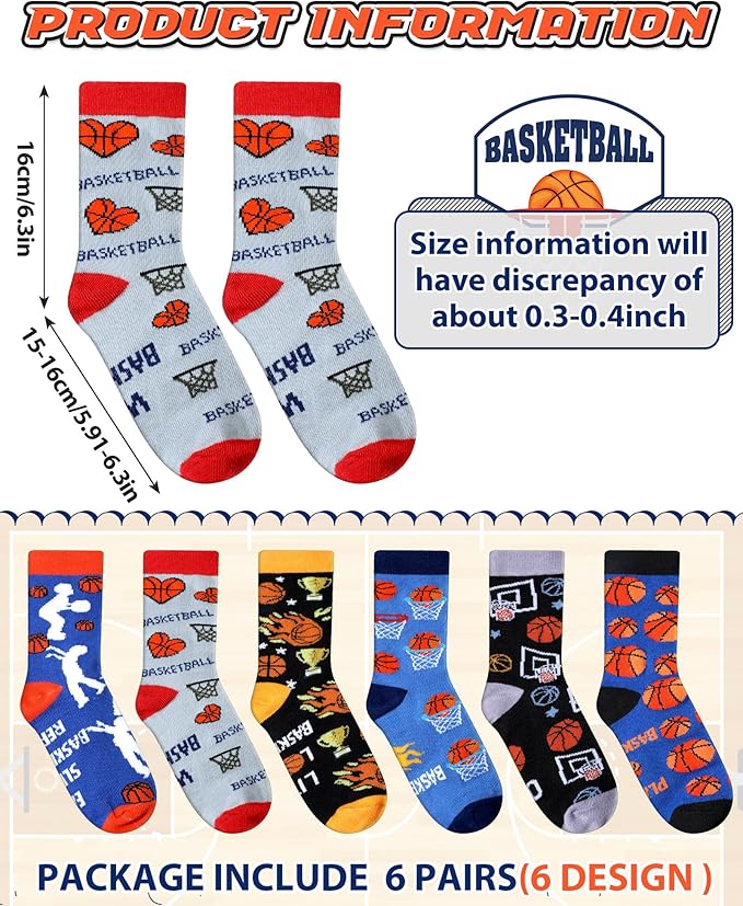 Haysandy 6 Pairs Novelty Sports Socks for Boys Kids Athletic Crew Sock for 8-12 Kids Gift