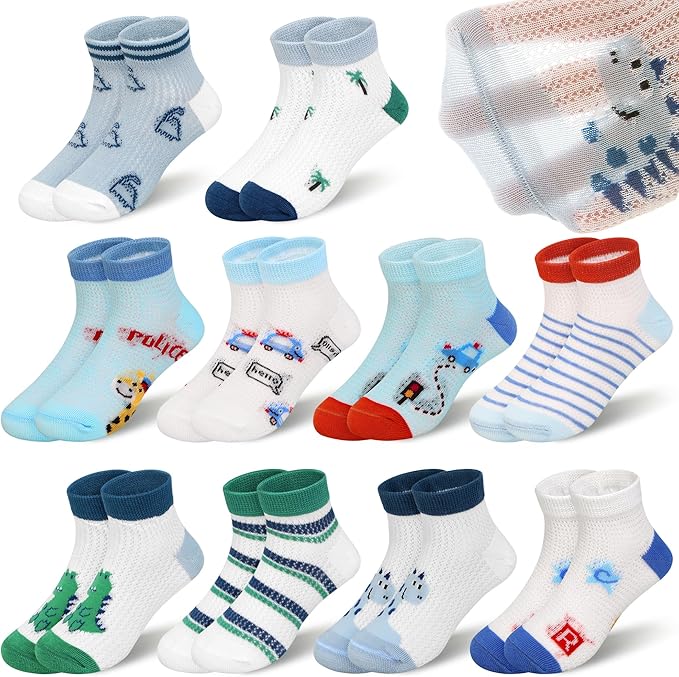 Padgene 10 Pairs Kids Boys Fun Novelty Socks Toddler None Slip Cotton Crew Dress Socks Cartoon Dinosaur Car Shark Stripes